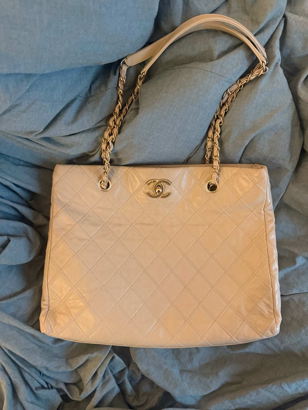 CHANEL Cream Beige Triple Stitched Quilted Calfskin Leather Tote with Gold Chain
